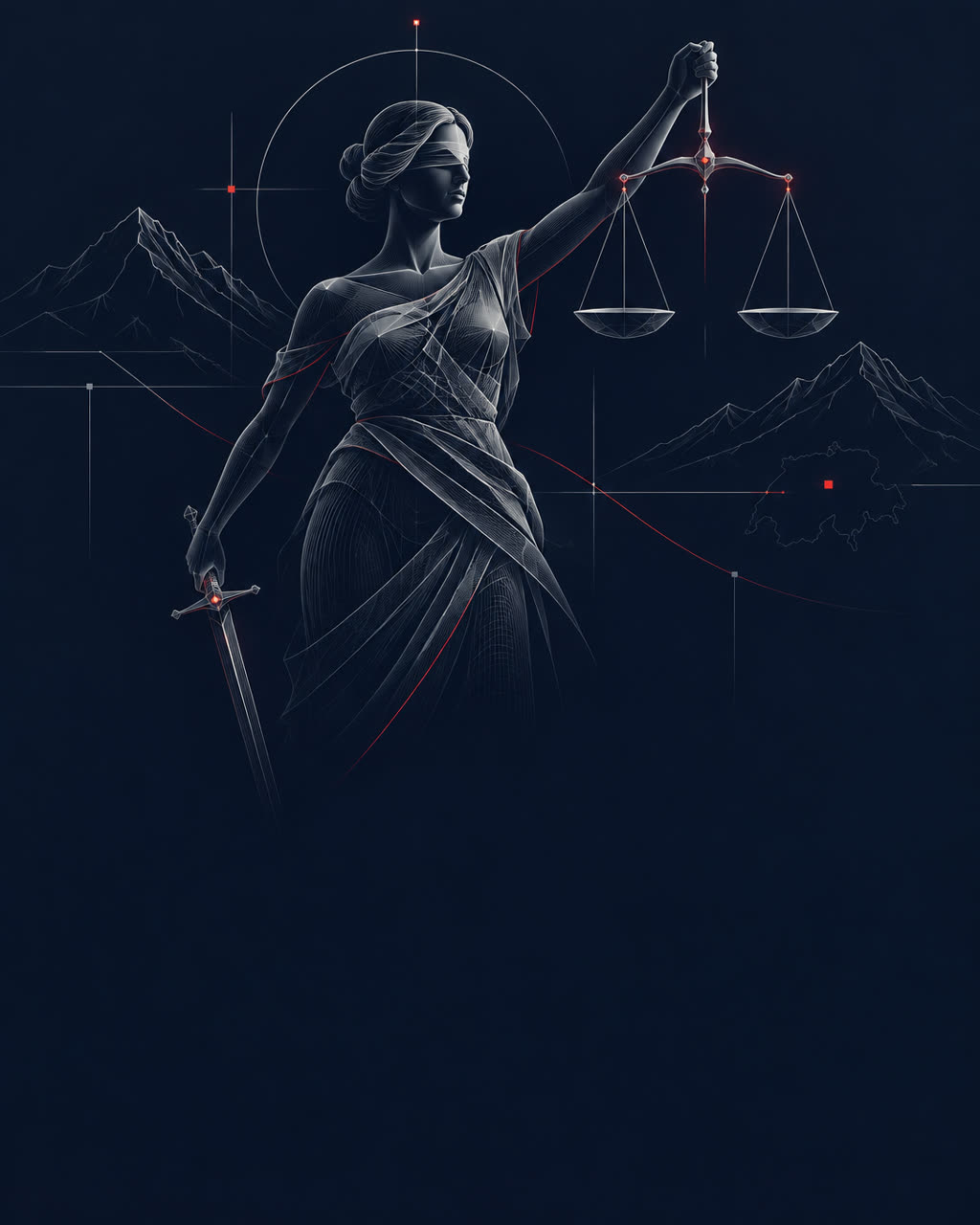 Stilisierte Justitia-Illustration auf dunklem Navy-Grund